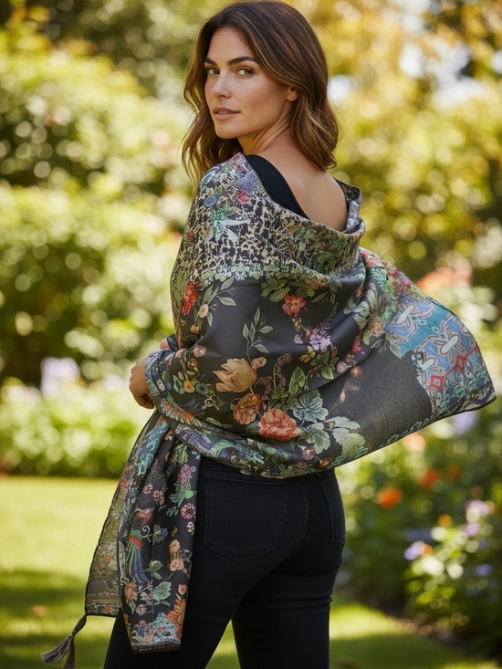 Johnny Was Accessories - Johnny Was 100% Silk DreamerBlack Floral & Paisley Garden Scarve & Foldable Tote